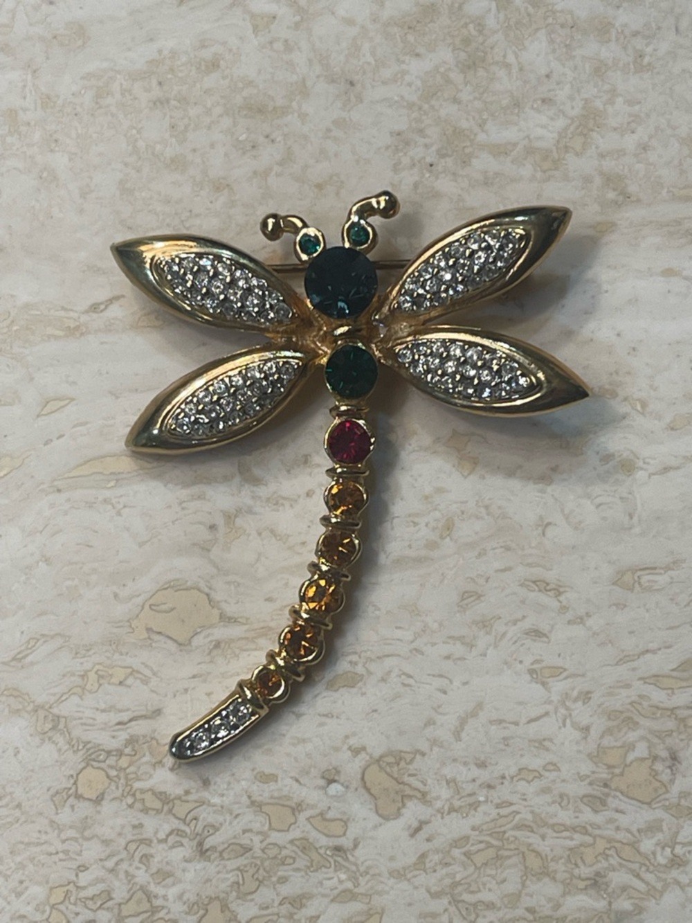 Gold-Tone Dragonfly Brooch with Multicolored Crystals